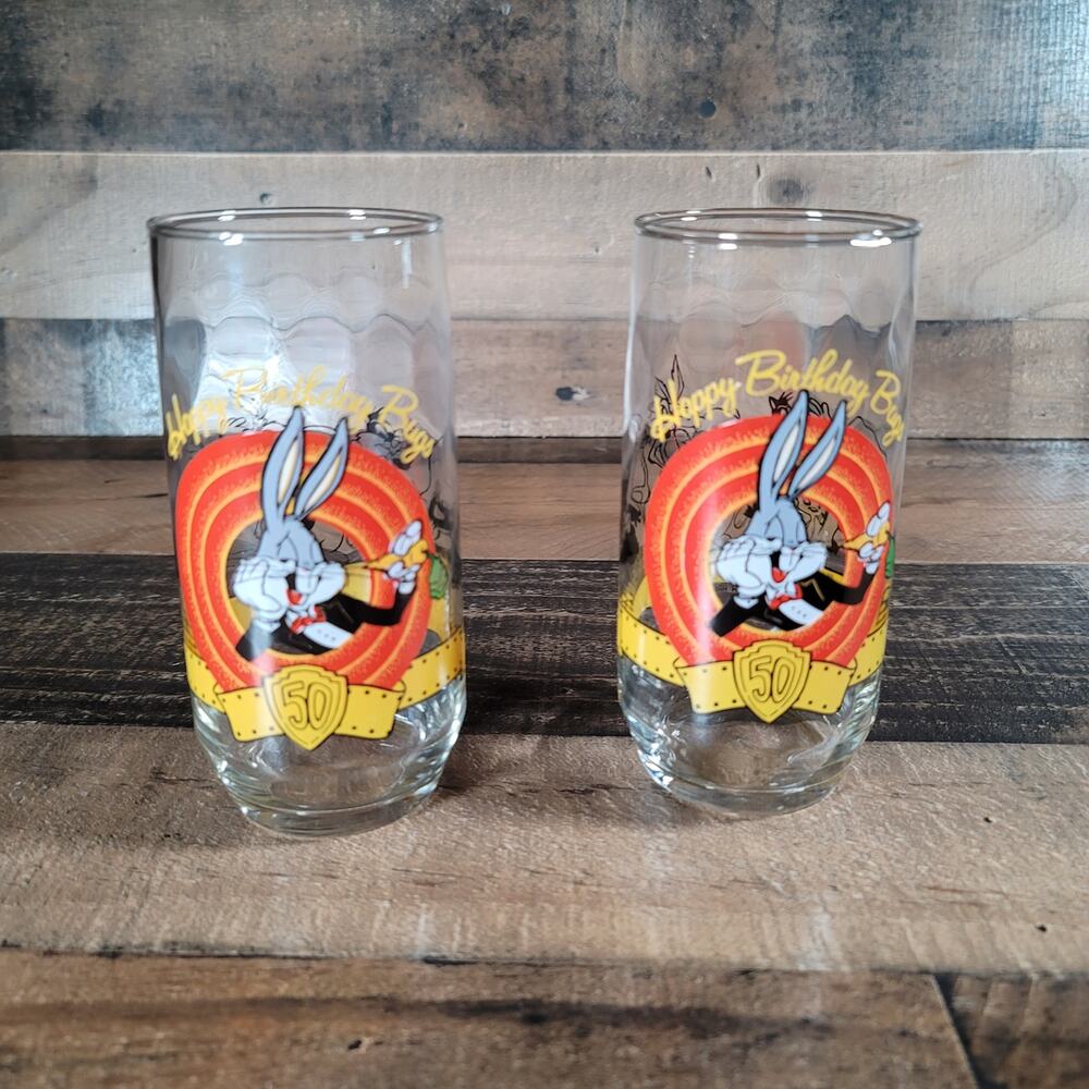 2 Vintage Warner Bros. 1990 Happy Birthday Bugs Bunny, 50th Anniversary Glass